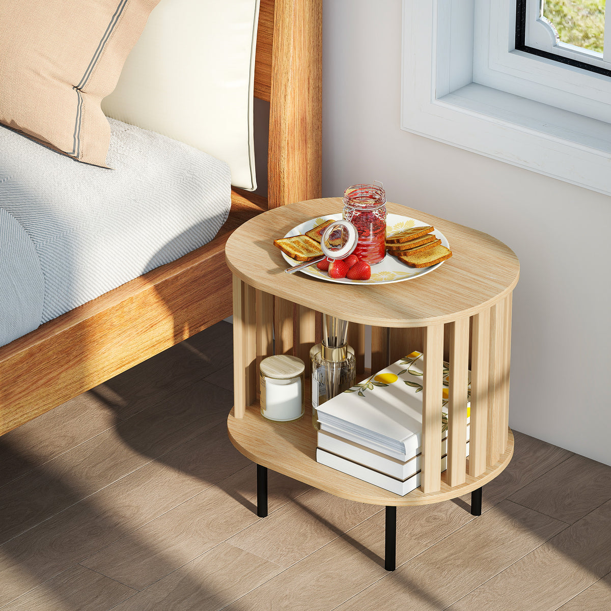 Table d'appoint ovale bout de canapé rangement ouvert pieds en acier design à lattes 50x39x50cm effet bois naturel