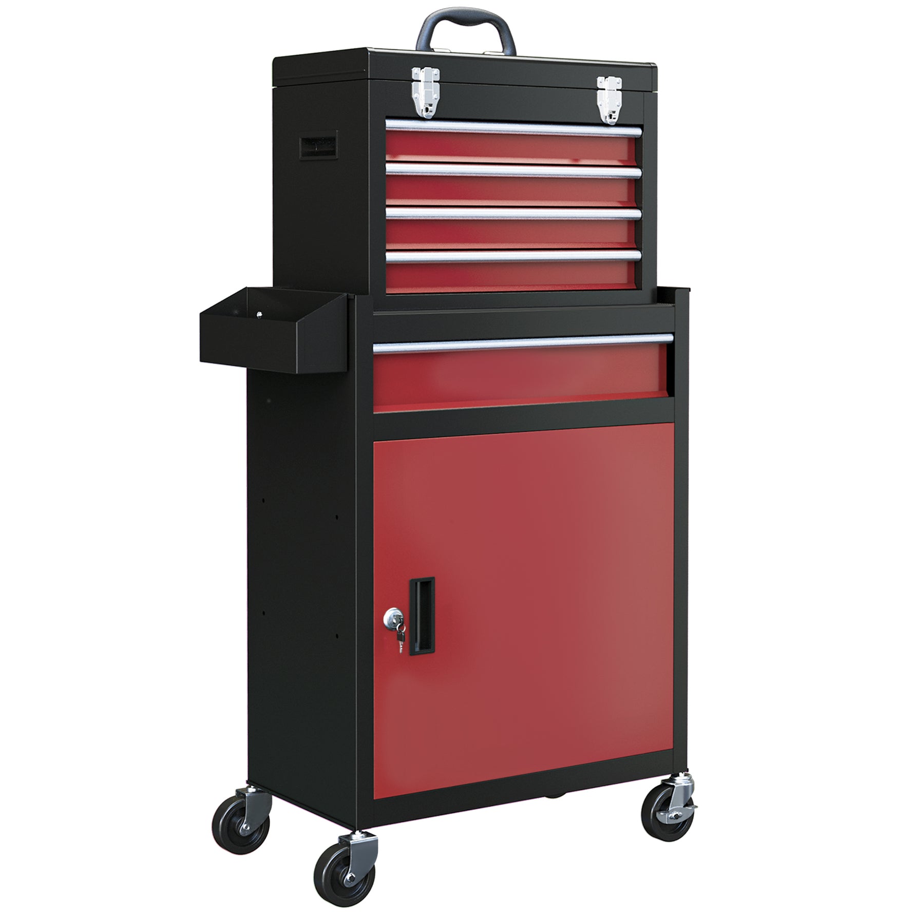Armoire à outils verrouillable sur roulettes avec 5 tiroirs et armoire, sur roulettes pour l'atelier et la maison, rouge