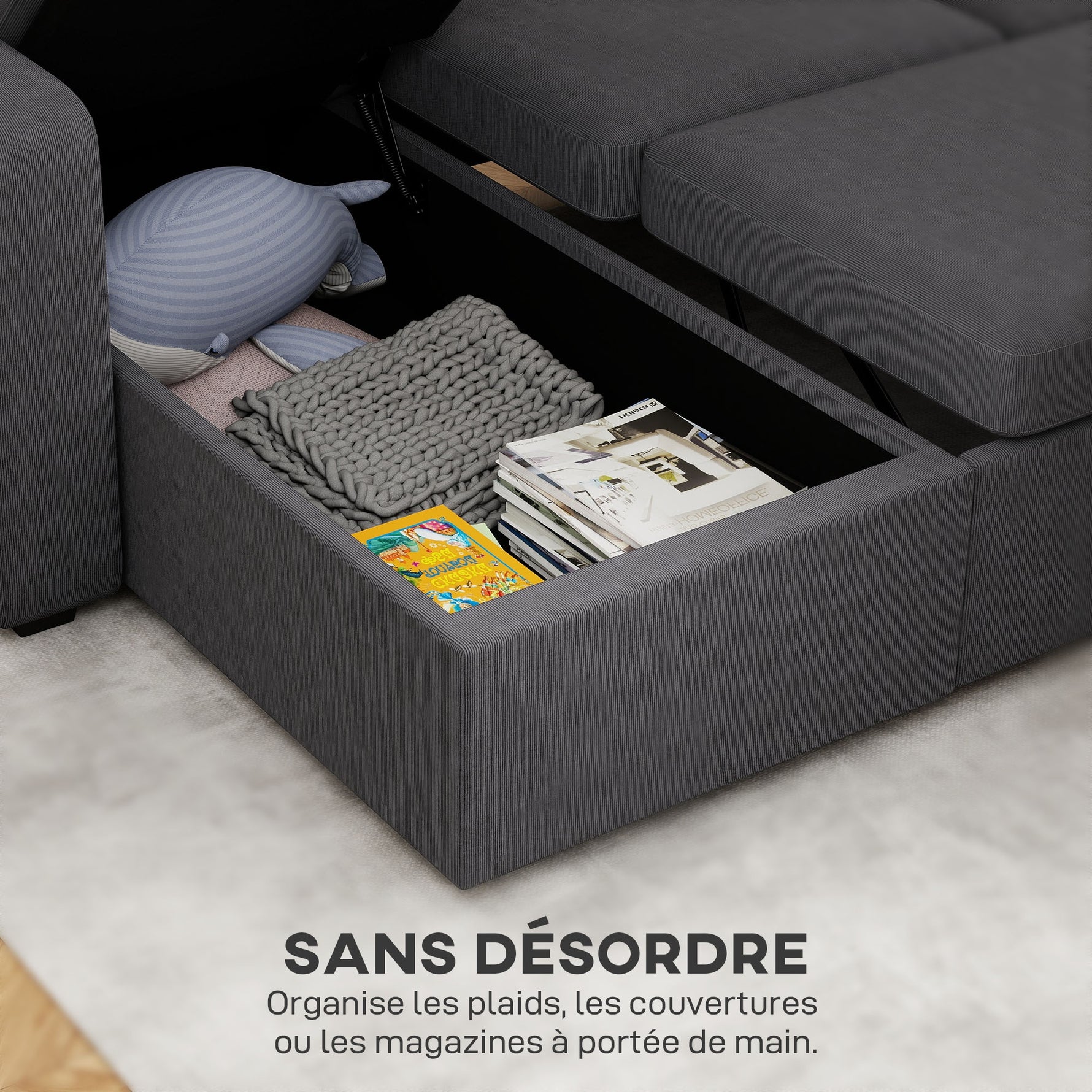 Canapé d'angle convertible en velours côtelé, canapé-lit 3 places avec rangement caché, coussins, 205x135x76cm, gris