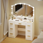 Coiffeuse avec Miroir, Lumières LED Réglable 3 Couleurs, 7 Tiroirs, 3 Compartiments Ouverts, 110 x 40 x 150 cm, Blanc