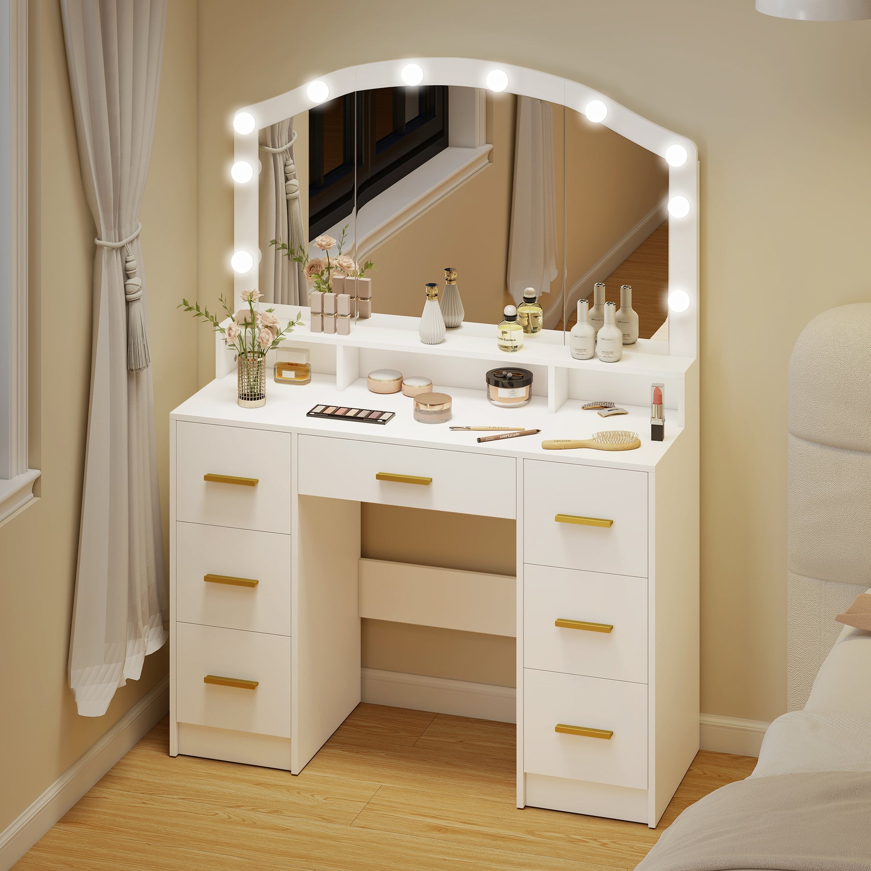 Coiffeuse avec Miroir, Lumières LED Réglable 3 Couleurs, 7 Tiroirs, 3 Compartiments Ouverts, 110 x 40 x 150 cm, Blanc