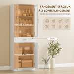 Buffet haut cuisine, armoire de cuisine, 4 portes dont 2 en verre, tiroirs, étagères réglables, 60x35x180cm, blanc
