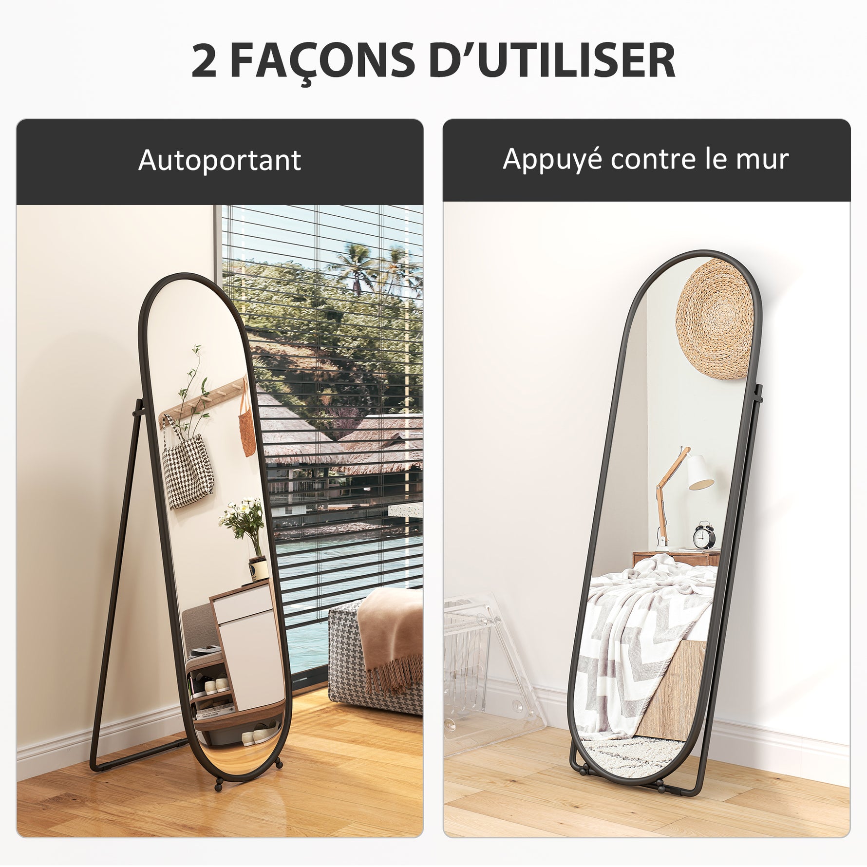 Grand miroir sur pied, miroir ovale, cadre en métal noir, avec support pour entrée, chambre, dressing, 40 x 160 cm