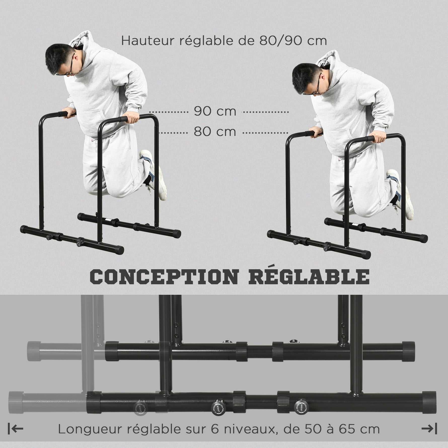 Dips Barre Parallèle Station de Musculation en Acier, Hauteur et Espacement Réglables, 90-102x65x80-90cm, Noir
