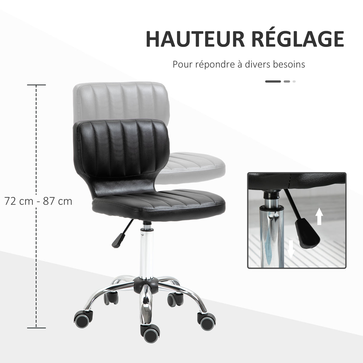 Rolkruk - draaibare werkstoel 360° - ergonomische kruk - verstelbare zithoogte 47-62 cm - zwarte gewatteerde kunstlederen bekleding, verchroomd metaal