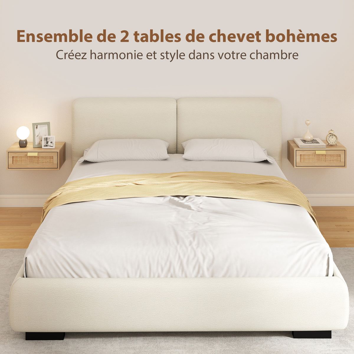 Lot de 2 tables de chevet murales, tables de nuit suspendues avec tiroir en effet rotin, 40 x 30 x 15 cm, chêne