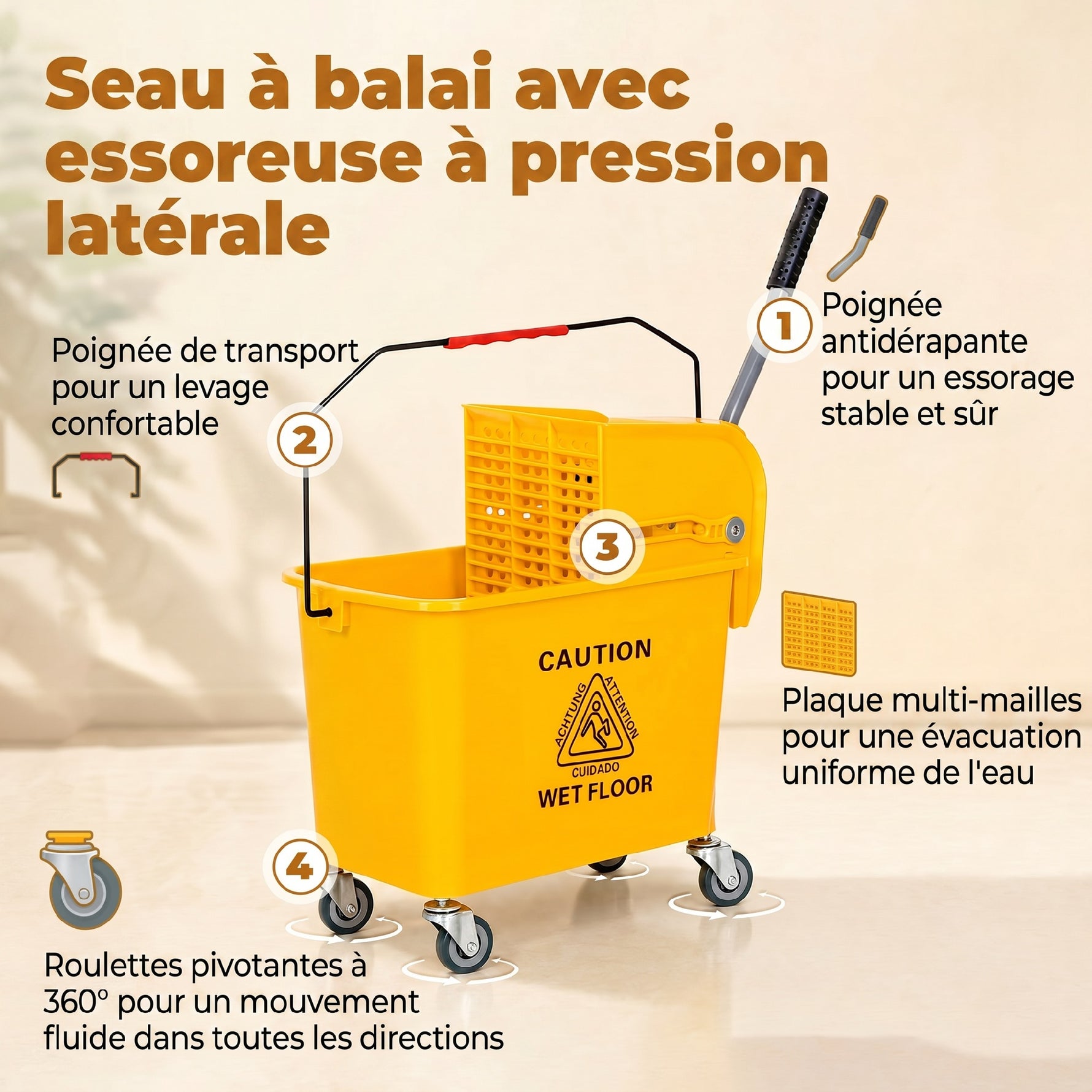 Chariot de nettoyage lavage seau de ménage 20 L avec essoreur et séparateur eau sale propre jaune 60L x 27l x 70,5H cm