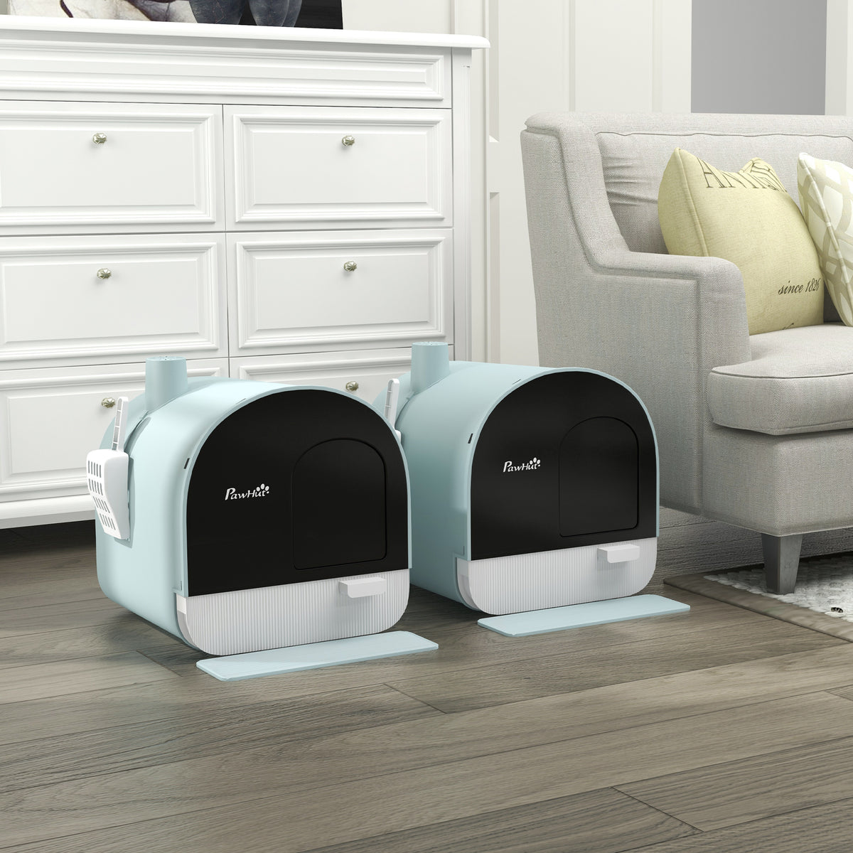 Lot de 2 bacs à litière pour chat avec porte battante, pelle et filtre inclus dim. 43L x 44l x 47H cm