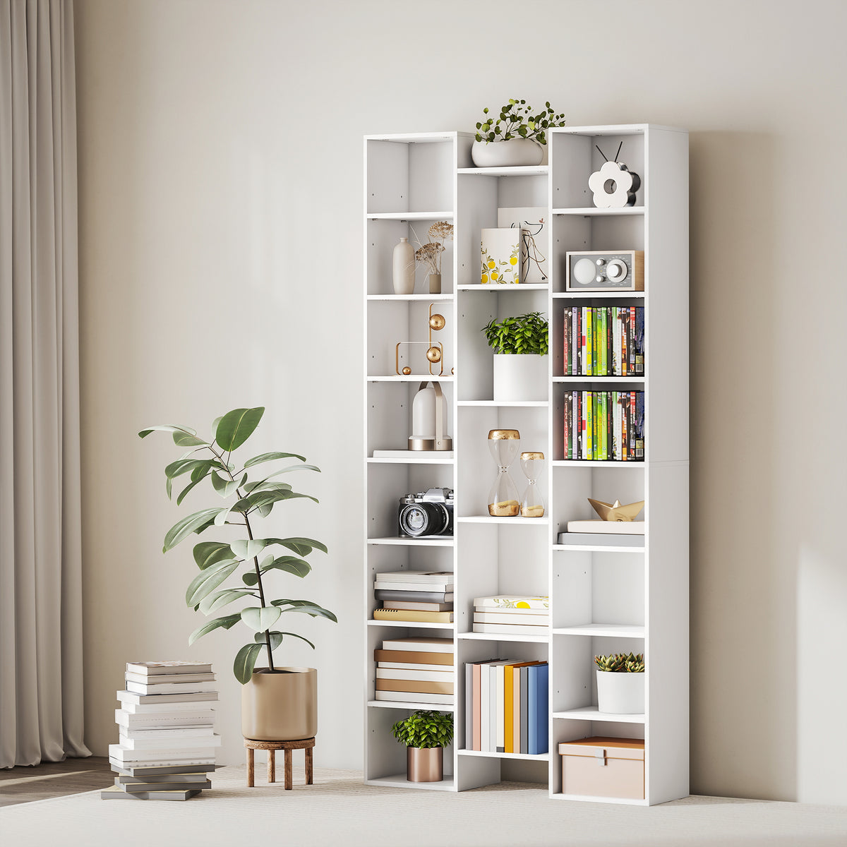 Bibliothèque, étagère à livres, étagère de rangement, 21 compartiments et 10 étagères réglables, 89,5x23,5x181cm, blanc