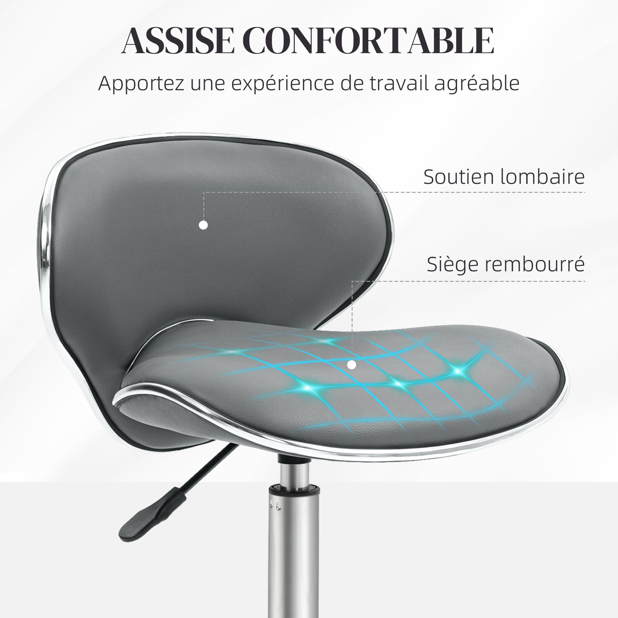 Tabouret à roulettes tabouret de travail avec hauteur réglable 44-56 cm et dossier, pivotant 360°, gris