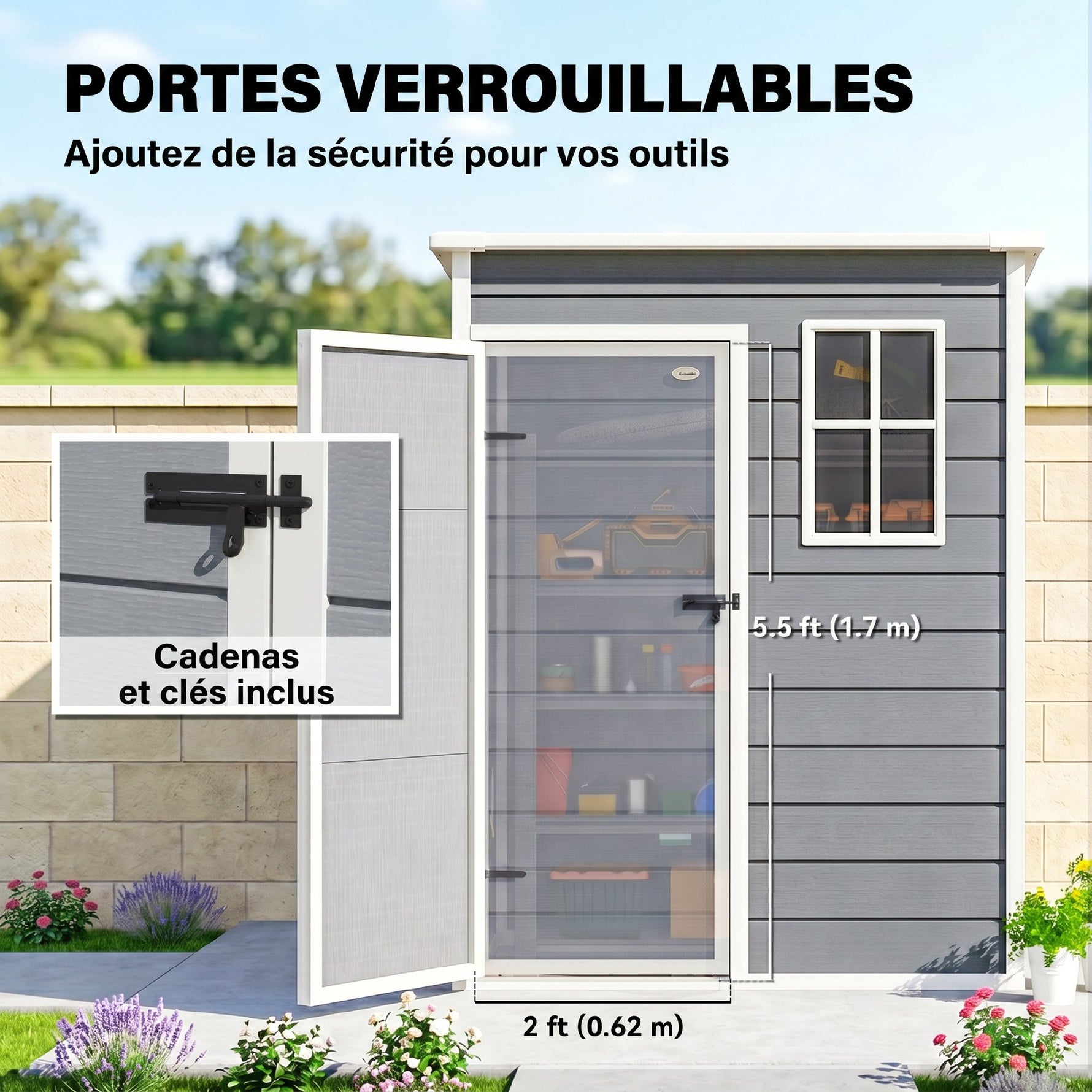 Abri de jardin 1,14 m² pour outils - porte verrouillable, aération et fenêtre - dim. 151L x 92l x 193H cm  - plastique, gris
