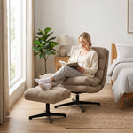 Loungefauteuil met verstelbare voetensteun, 360° draaibaar, gestoffeerd linnen accentfauteuil, brede zitting, bruin