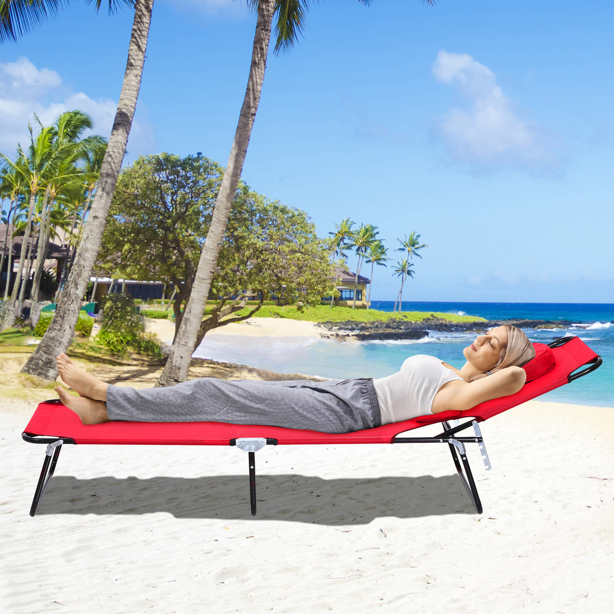Bain de Soleil Pliable transat inclinable 4 Positions Chaise Longue 3 Coussins fournis Rouge