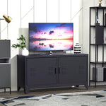 Meuble TV banc télévision design industriel 2 placards avec 2 étagères réglables passe-câbles structure acier noir