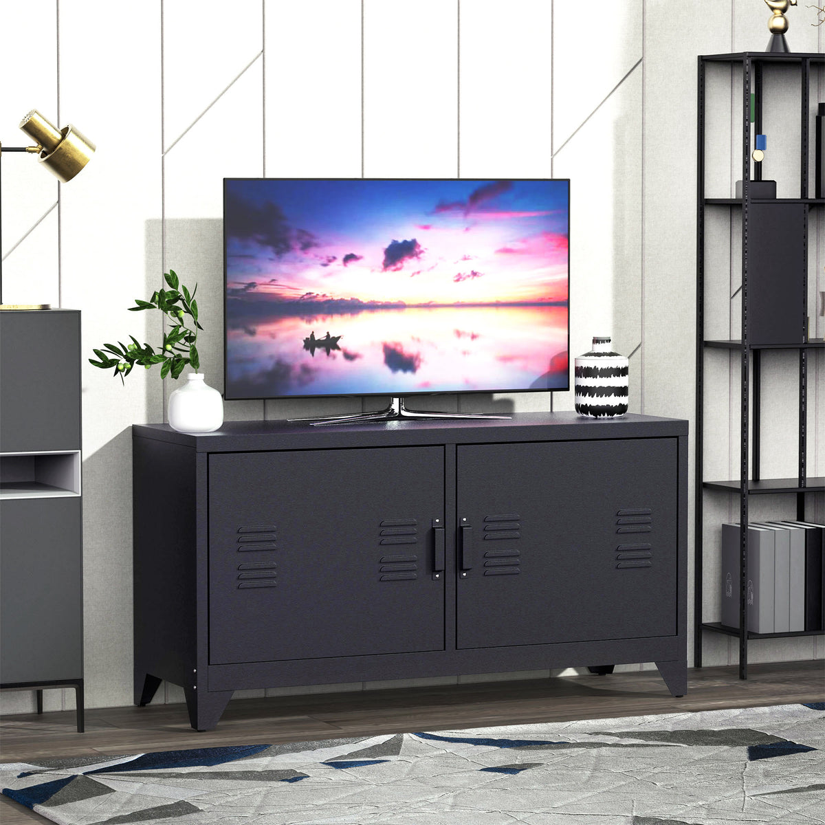 Meuble TV banc télévision design industriel 2 placards avec 2 étagères réglables passe-câbles structure acier noir