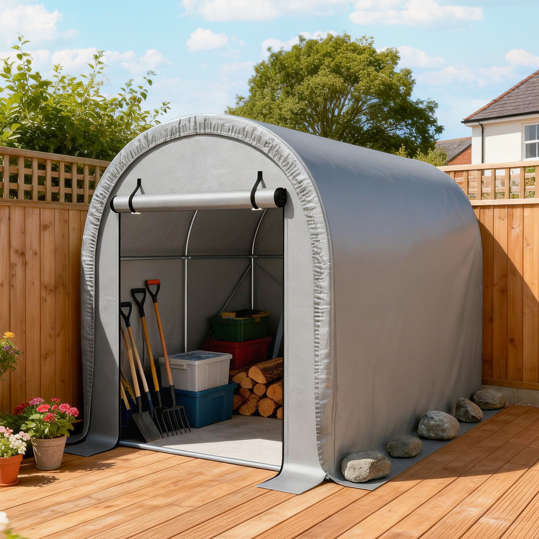 Abri de Jardin Tente de Stockage Acier Galvanisé & 160g/m² PE Anti-UV pour Moto et Tondeuse 159x240x185cm Gris Clair