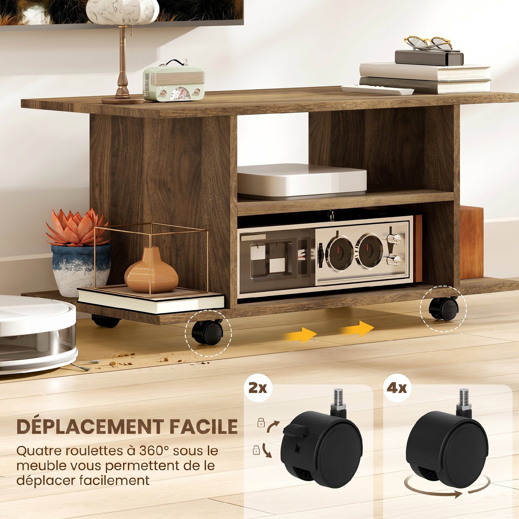 Meuble TV avec roulettes 80 cm, meuble télé pour téléviseur jusqu'à 42 pouces avec étagères ouvertes, noyer