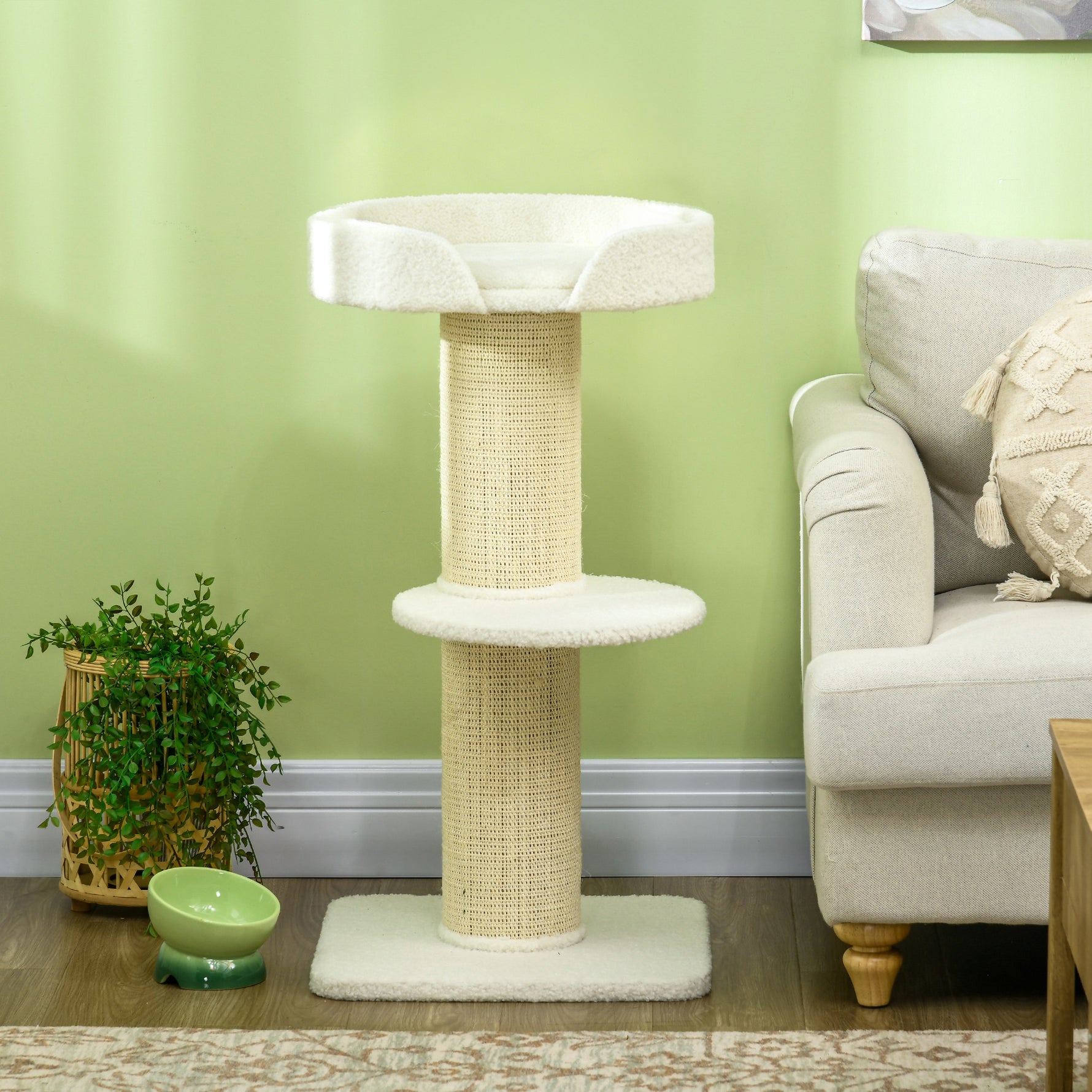 Arbre à chat avec griffoir centre d'activités 2 plateformes coussin crème