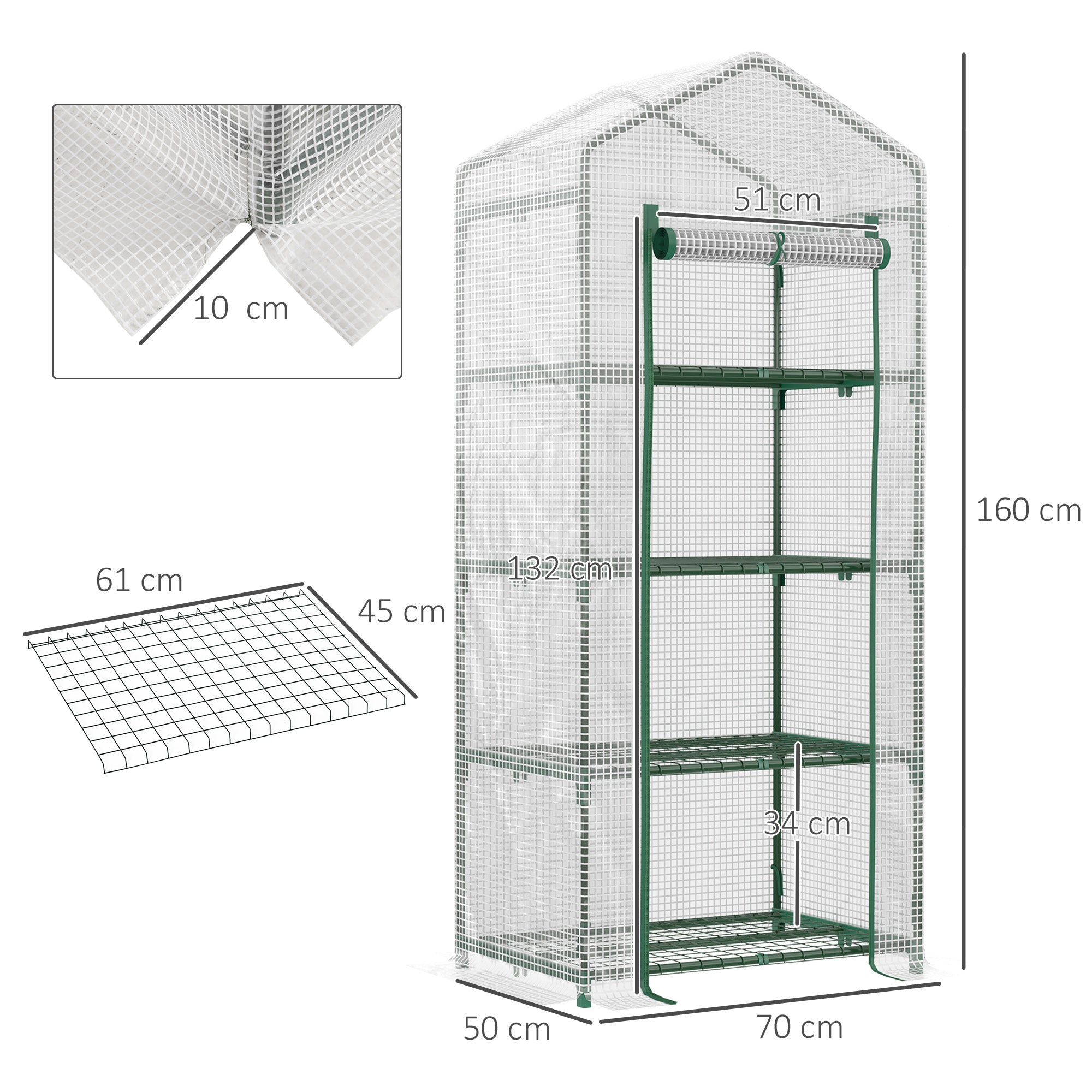 Serre de Jardin PE avec Étagères 4 Niveaux, Serre de Balcon, Bâche Renforcée 140g/m², Châssis en Acier, Porte Zippée Enroulable, pour Légumes et Plantes, Extérieur, 70x50x160cm, Blanc