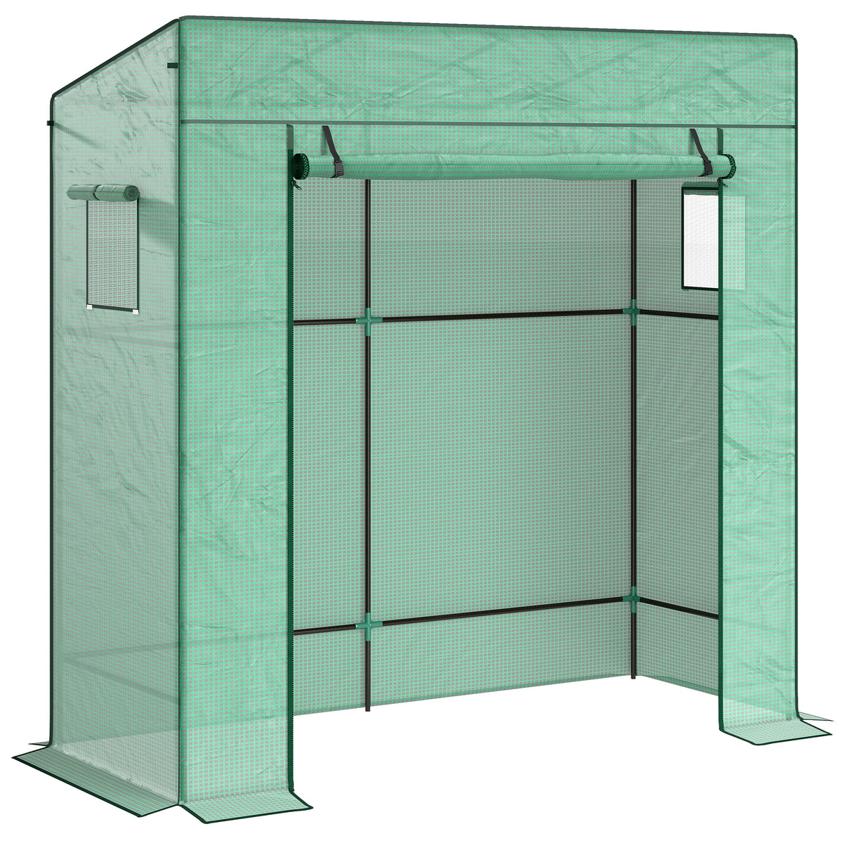Serra da giardino a parete con 1 porta avvolgibile, telo in PE rinforzato, 2 finestre, dim. 196L x 77l x 197/178A cm