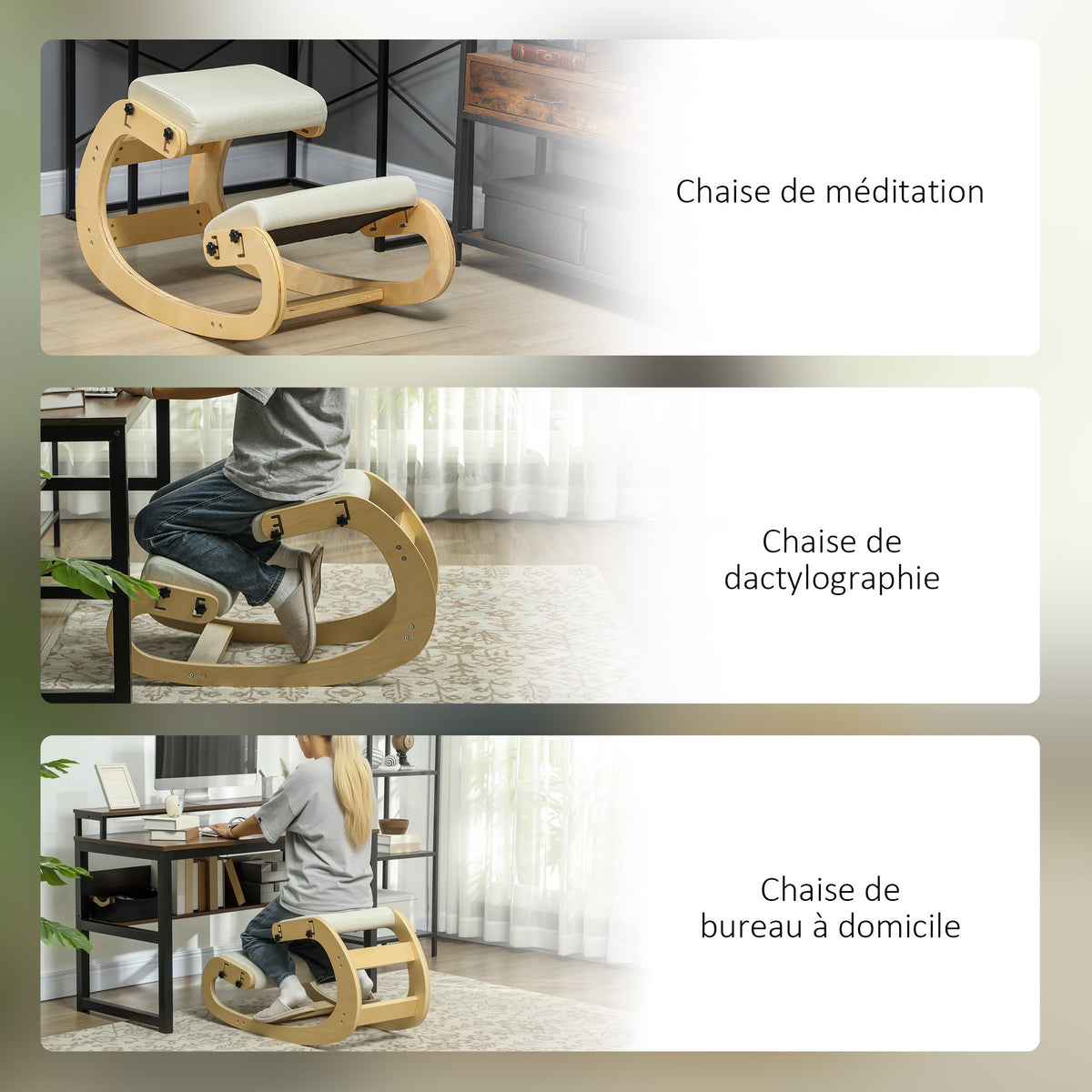 Siège assis genoux, siège ergonomique en bois avec fonction à bascule, chaise à genoux réglable pour bureau à domicile