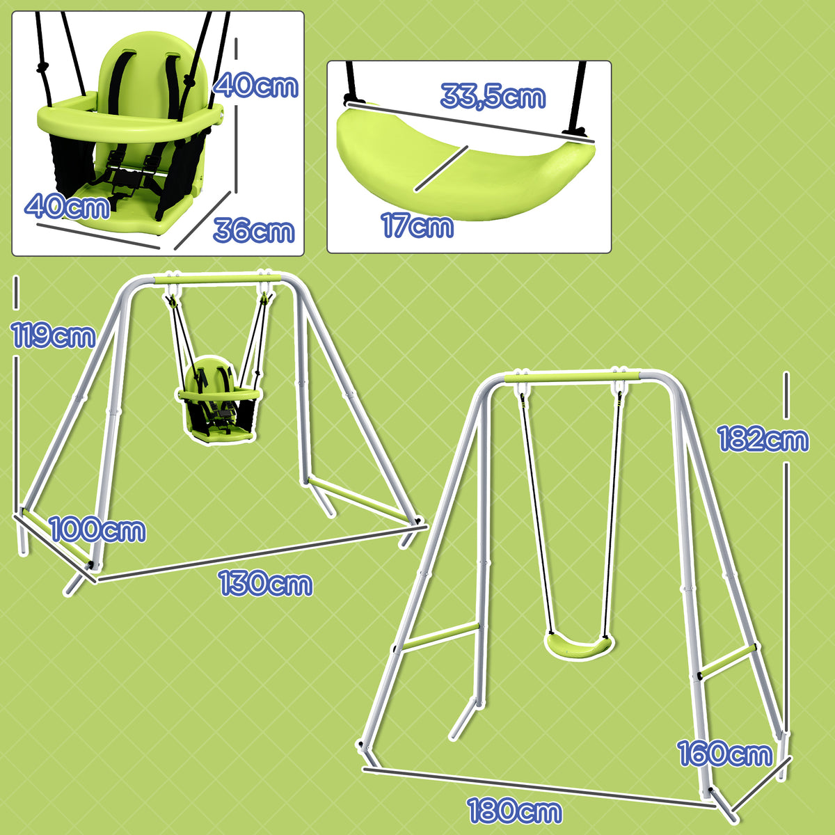 2-in-1 baby swing set with 5-point safety harness for indoor and outdoor use, green