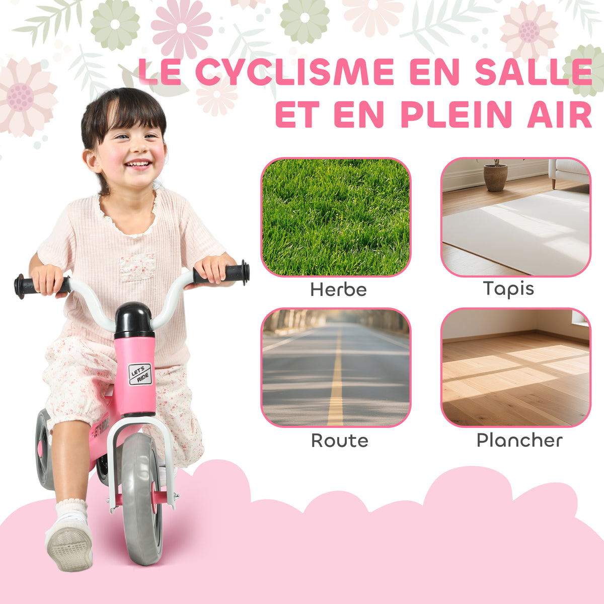 Draisienne bébé 1-3 ans jusqu'à 20 kg, vélo enfants sans pédale, 3 roues silencieuses, 69 x 40 x 49 cm, rose