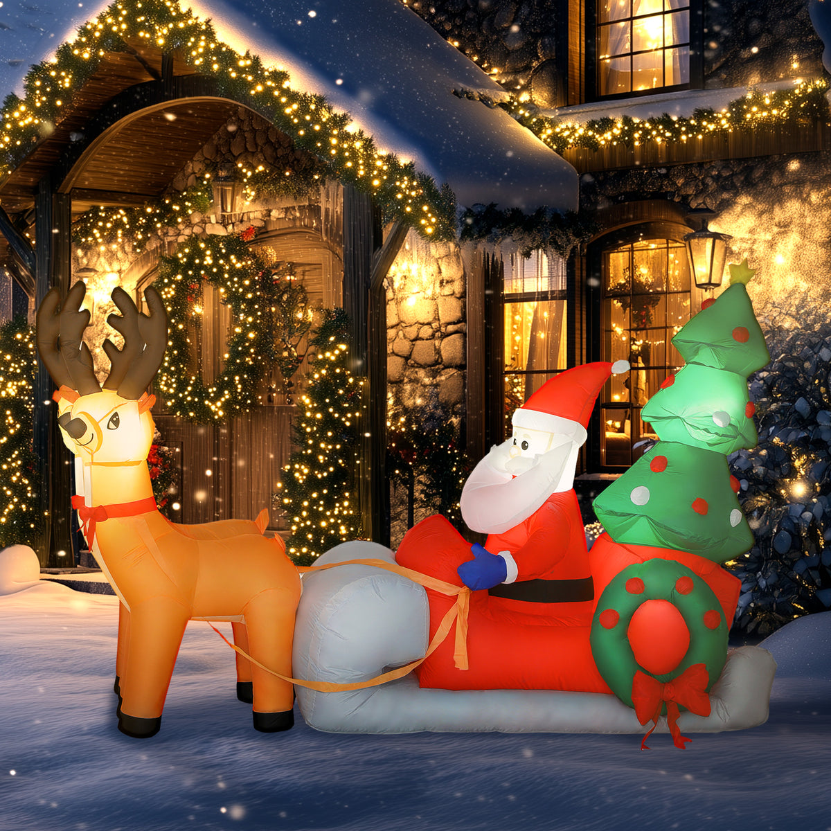 Père Noël gonflable de 2,1 m sur traîneau avec deux rennes, décoration de Noël gonflable avec lumières LED intégrées