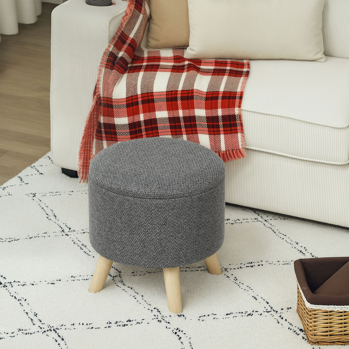 Pouf rond repose-pieds tabouret avec coffre de rangement pieds en bois design moderne gris