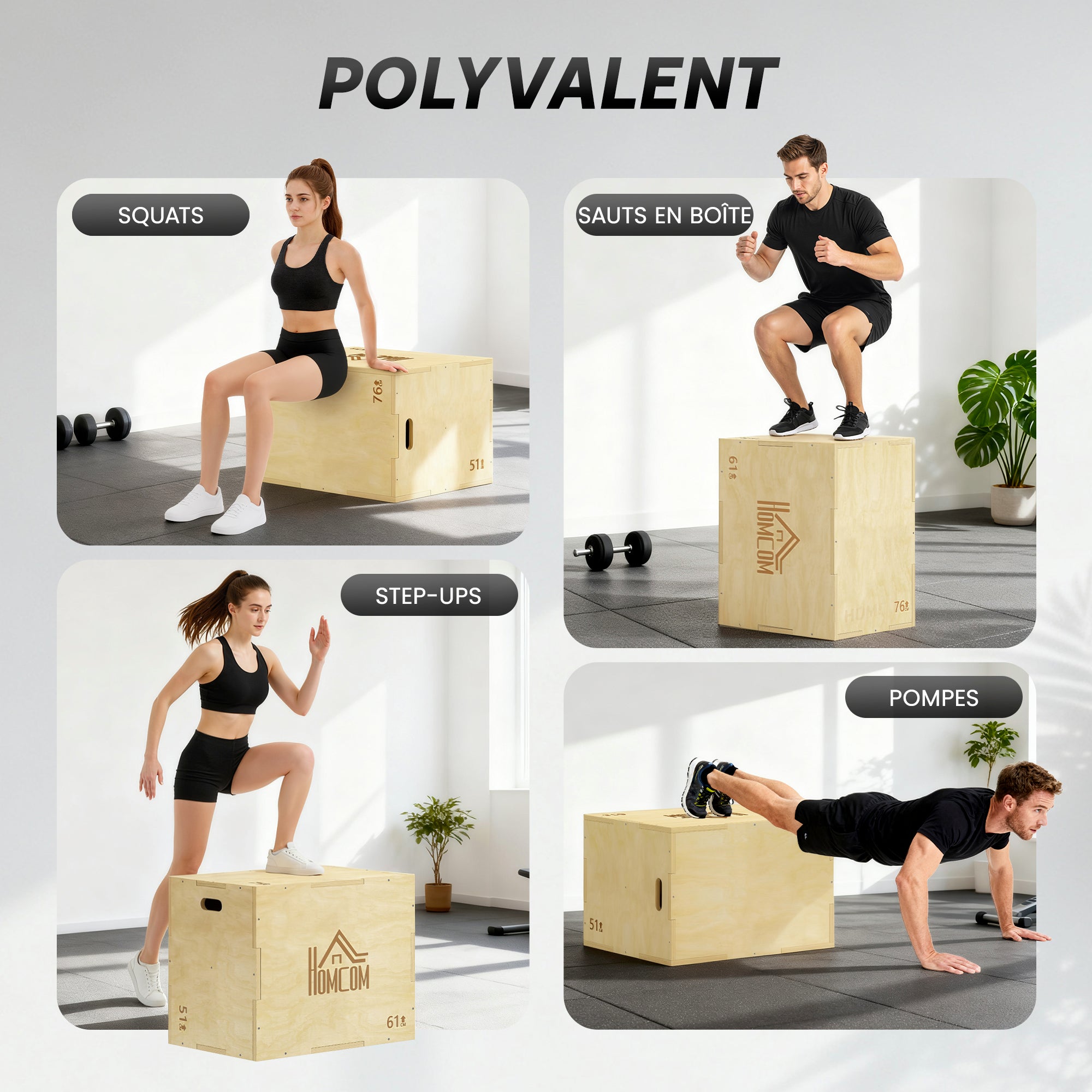 3-in-1 Plyo-Box aus Holz, Plyometrie-Trainingsgerät für Fitness, Krafttraining und Cross-Training, 51/61/76 cm