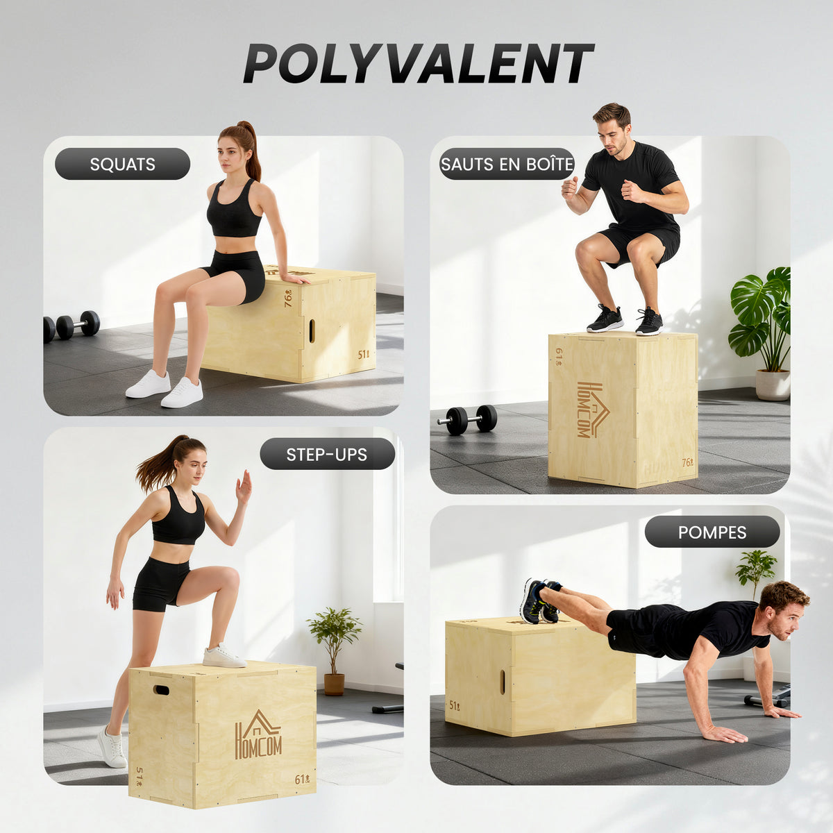 3-in-1 Plyo-Box aus Holz, Plyometrie-Trainingsgerät für Fitness, Krafttraining und Cross-Training, 51/61/76 cm