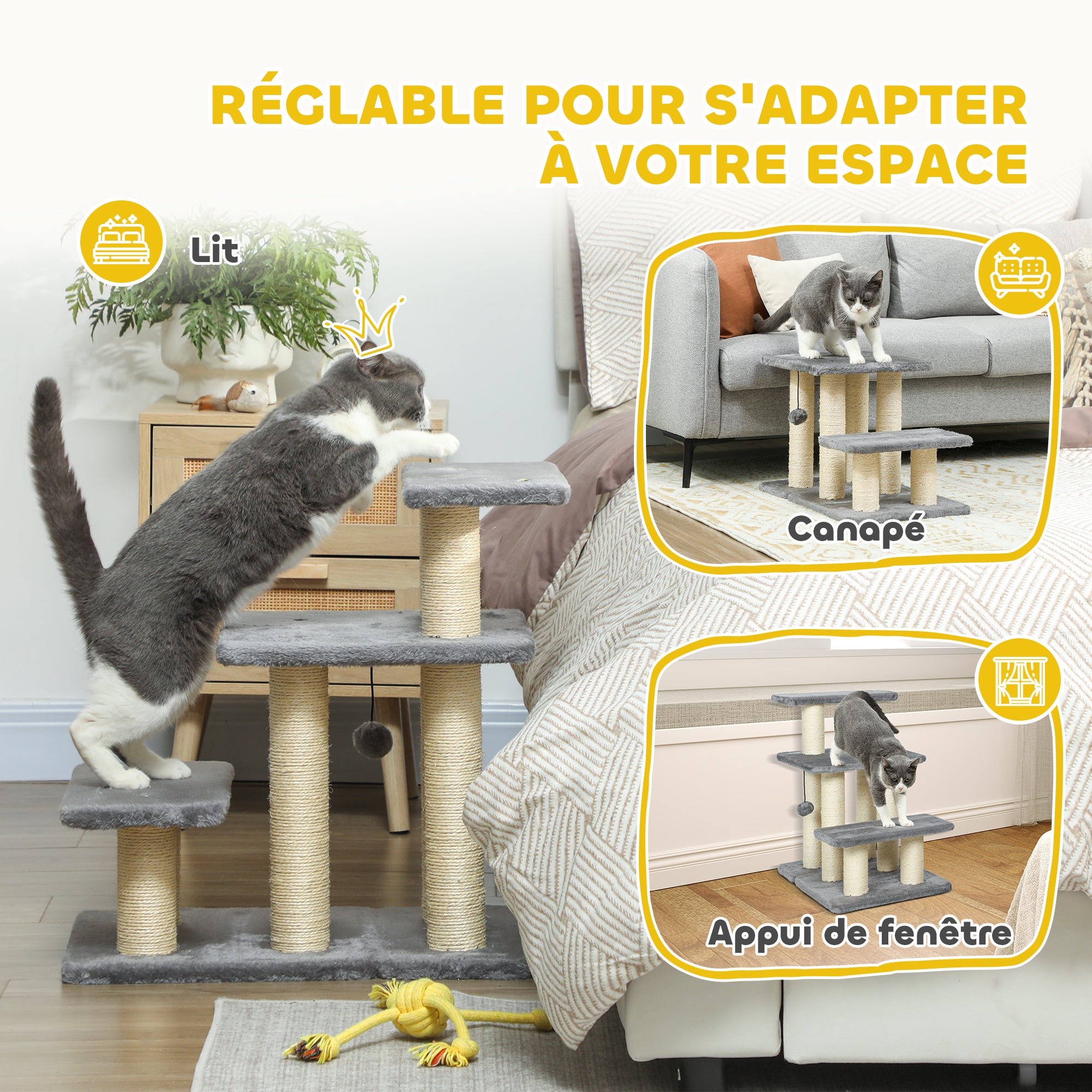Adjustable 3-step pet stairs, cat and dog ladder with sisal scratching posts and ball, 52x34.5x54cm, grey
