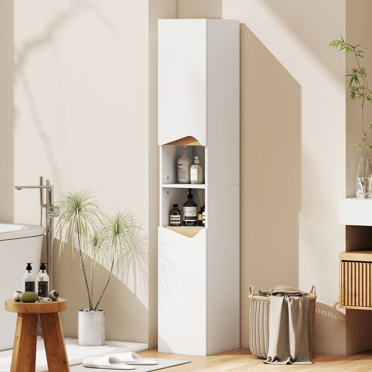 Meuble colonne salle de bain étroit, 2 portes, compartiments ouverts, étagères réglables, 30 x 34,6 x 180,5 cm, blanc