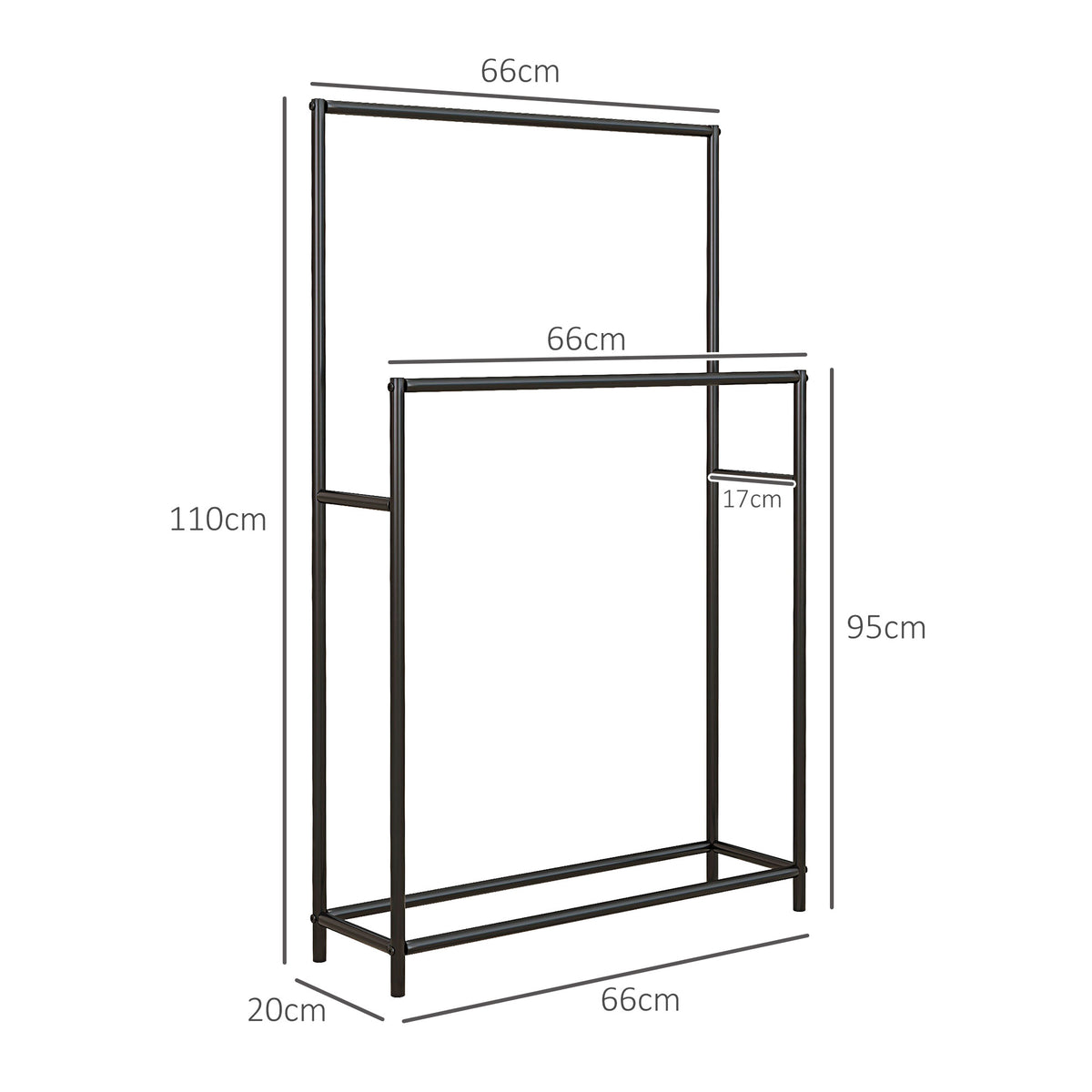 Porte serviettes sur pied sèche serviette 2 niveaux en métal pour la salle de bain, dim. 66l x 20P x 110H cm, noir