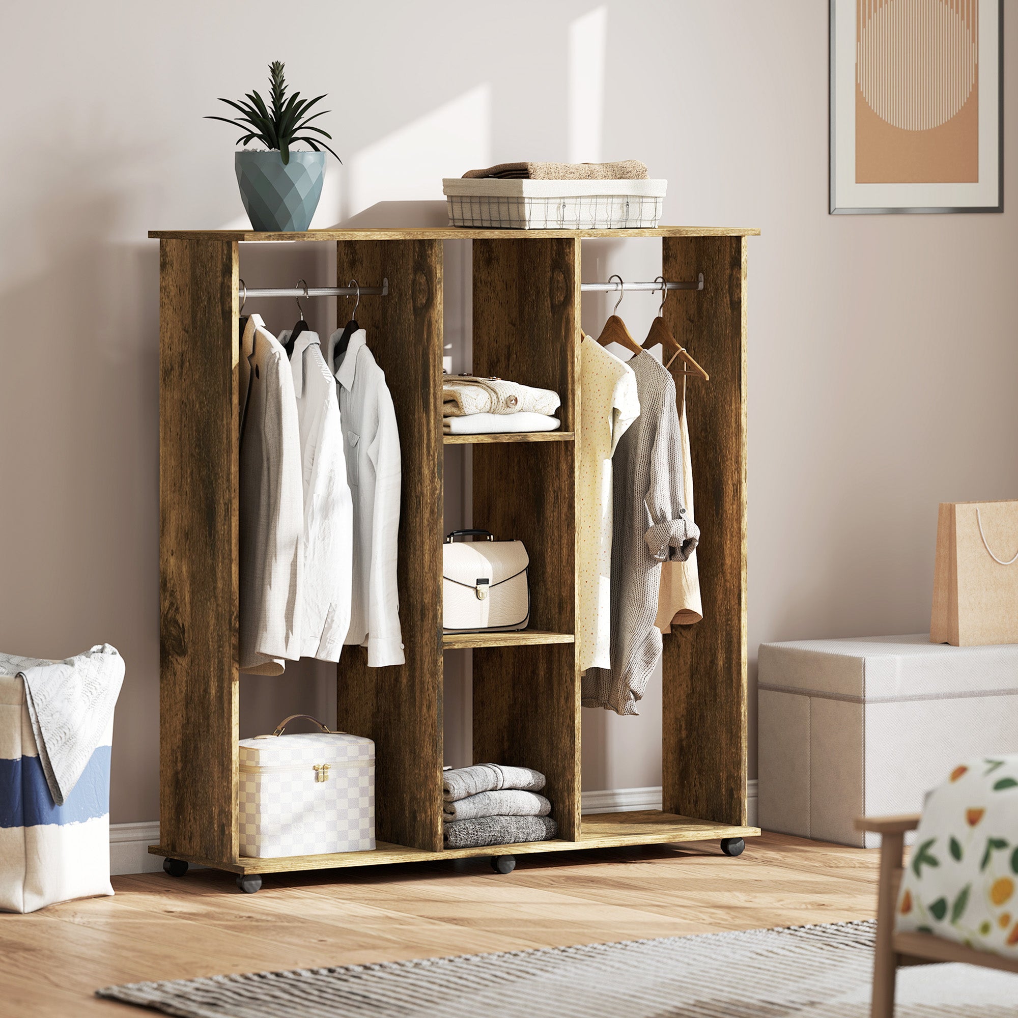 Armadio guardaroba mobile con 6 ruote, 120 x 40 x 128 cm, in legno marrone