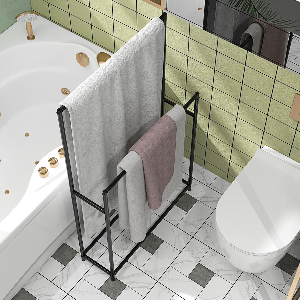 Porte serviettes sur pied sèche serviette 2 niveaux en métal pour la salle de bain, dim. 66l x 20P x 110H cm, noir