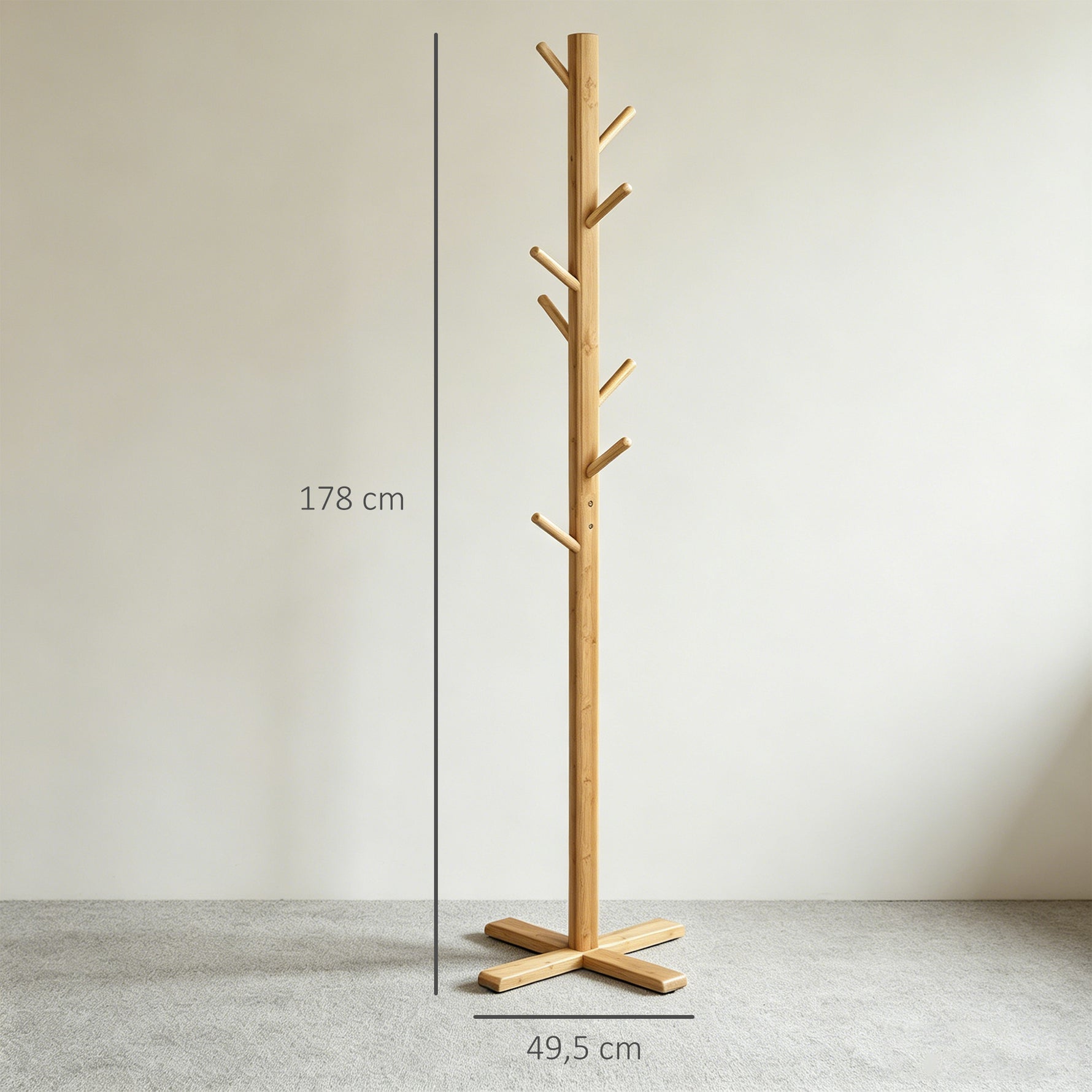 Portemanteau en bambou, portant à vêtements avec 8 patères, pour couloir, chambre, buanderie, bois naturel