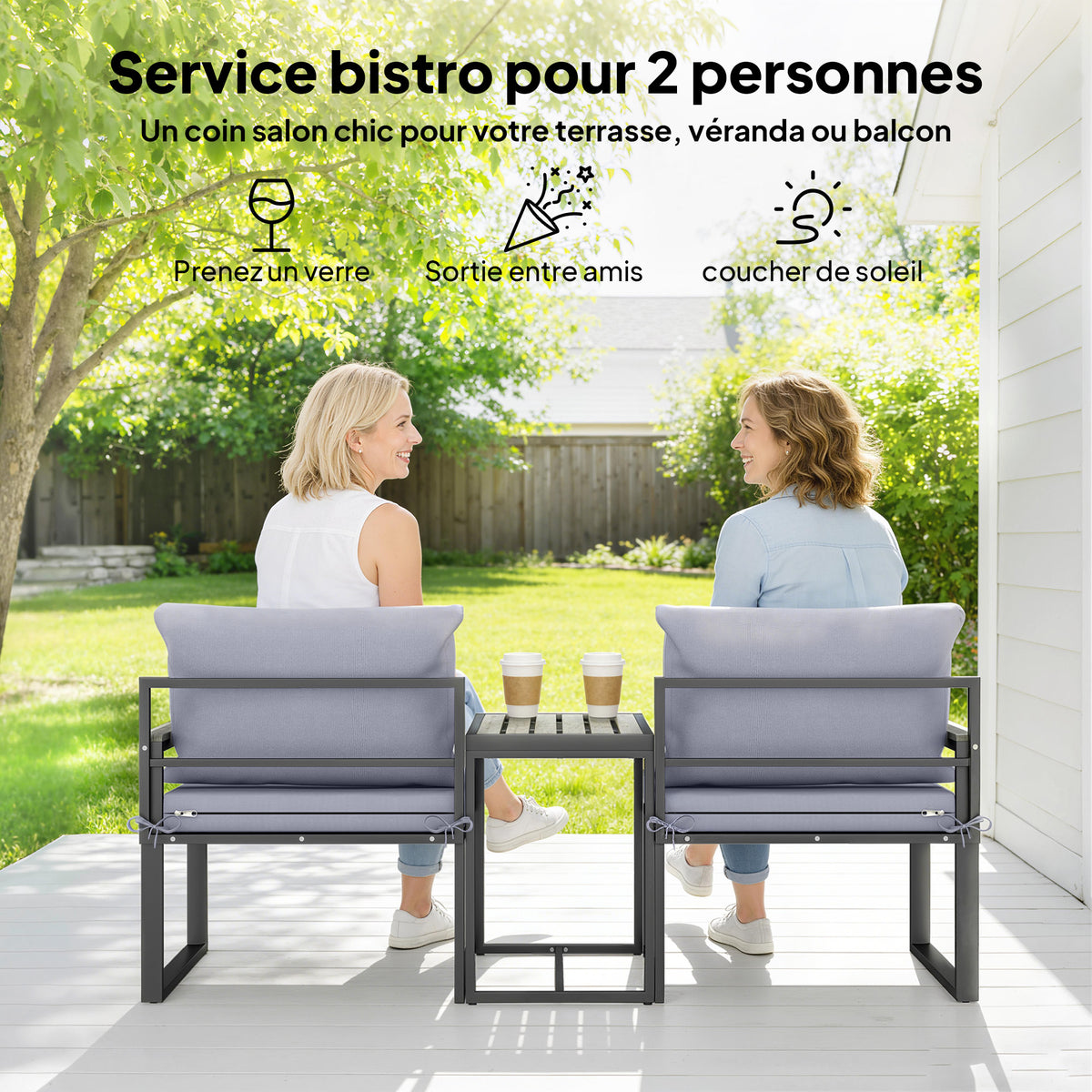 Salon de jardin 3 pièces coussins 14cm et accoudoirs en composite bois-plastique 2 fauteuils et table d'appoint gris