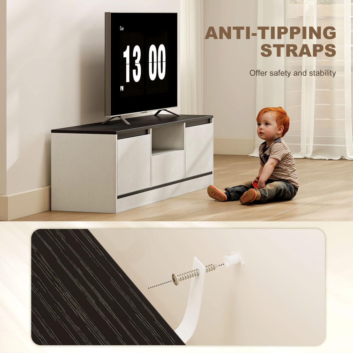 Meuble TV pour Télévision jusqu'à 60" avec 2 Armoires, 1 Étagère Ouverte, 1 Tiroir, Moderne, 140x35x40cm, Noir et Blanc