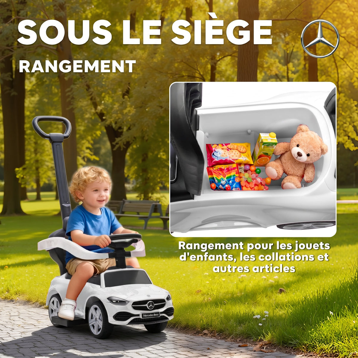 Porteur Enfants Mercedes-Benz sous Licence, Porteur Voiture à Pousser avec Poignée Amovible, 91 x 40 x 83 cm, Blanc
