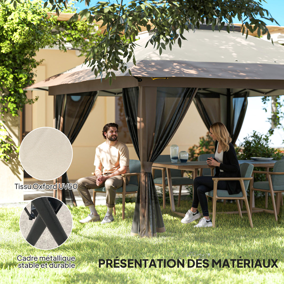 Gazebo da giardino pieghevole pop-up con doppio tetto protezione UV 50+ con 4 zanzariere con zip 4 x 4 m beige
