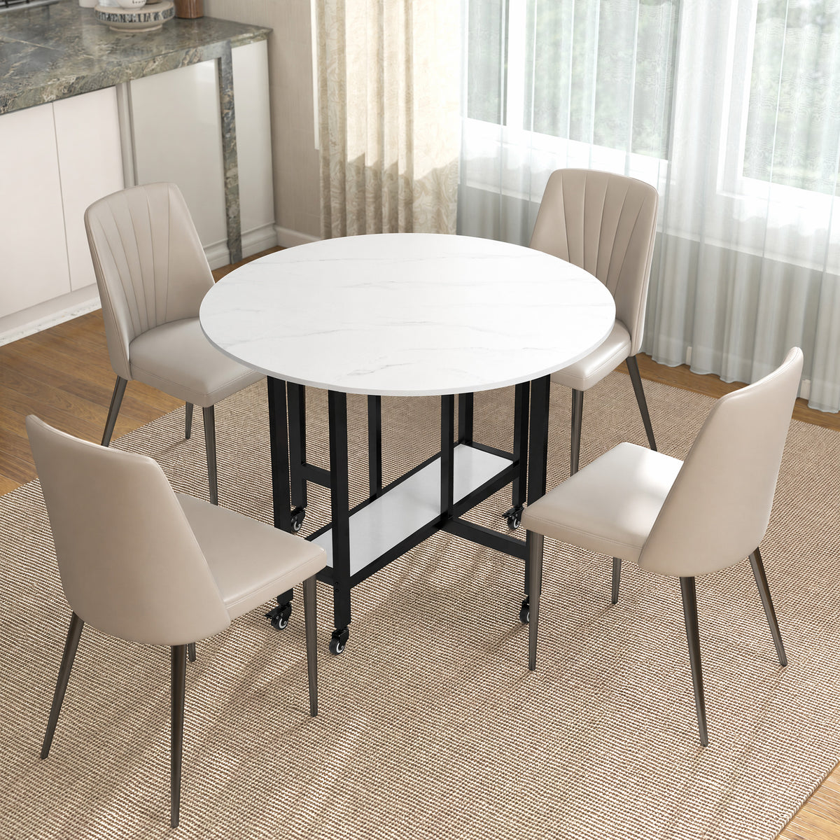 Table à Manger Pliante sur Roulettes, Table de Cuisine pour 4 Personnes avec Étagère Intégrée, 100 x 100 x 75 cm, Blanc