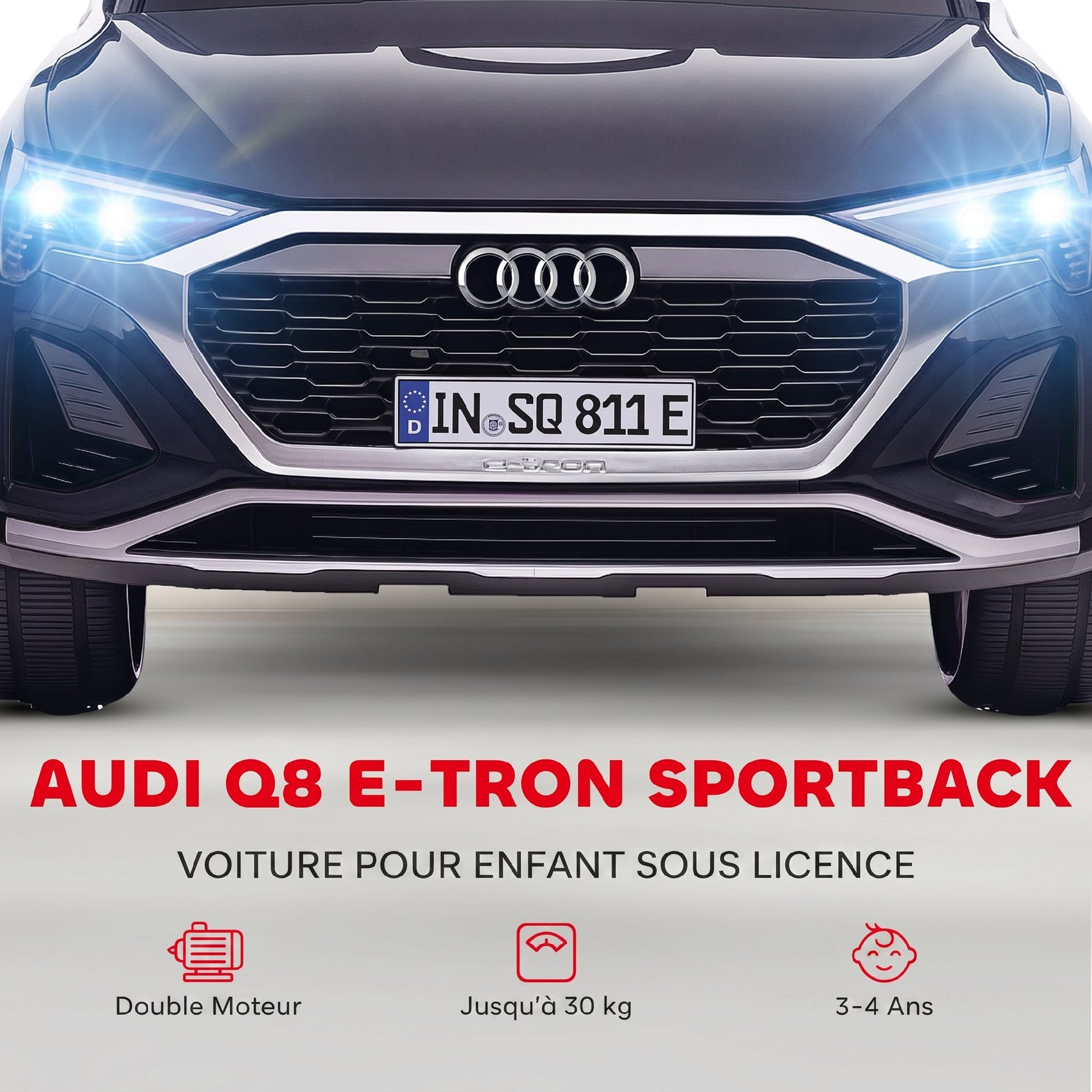 Voiture électrique pour enfants Licence Audi Q8 e-tron Sportback 12V télécommande, phares, musique, klaxon, 3-4 ans noir