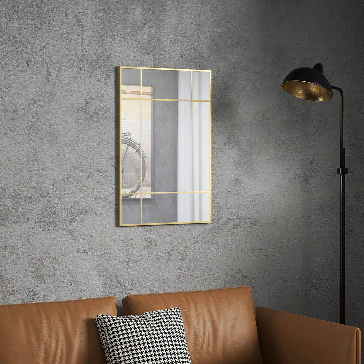 Specchio da parete stile finestra rettangolare, orizzontale o verticale con 4 ganci, in metallo dorato - 90x60 cm