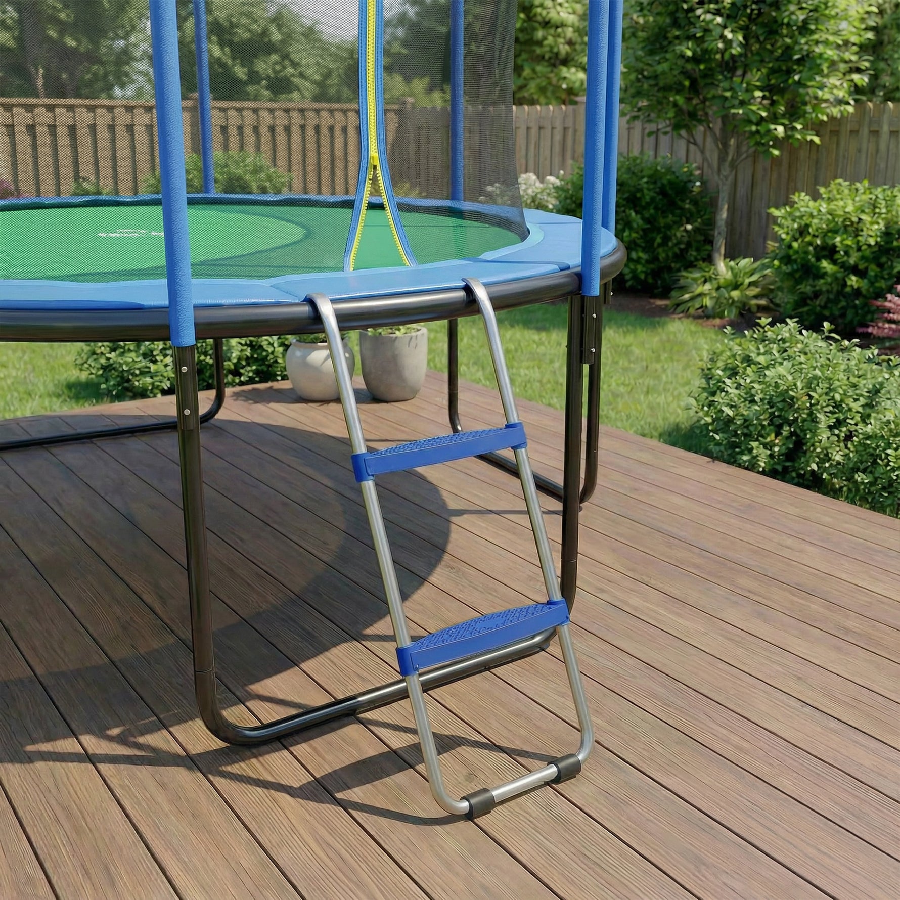 Échelle de Trampoline 2 Marches Larges avec Crochet Universel, Cadre en Acier Galvanisé, Charge 150 kg, 97x32x7 cm, Bleu