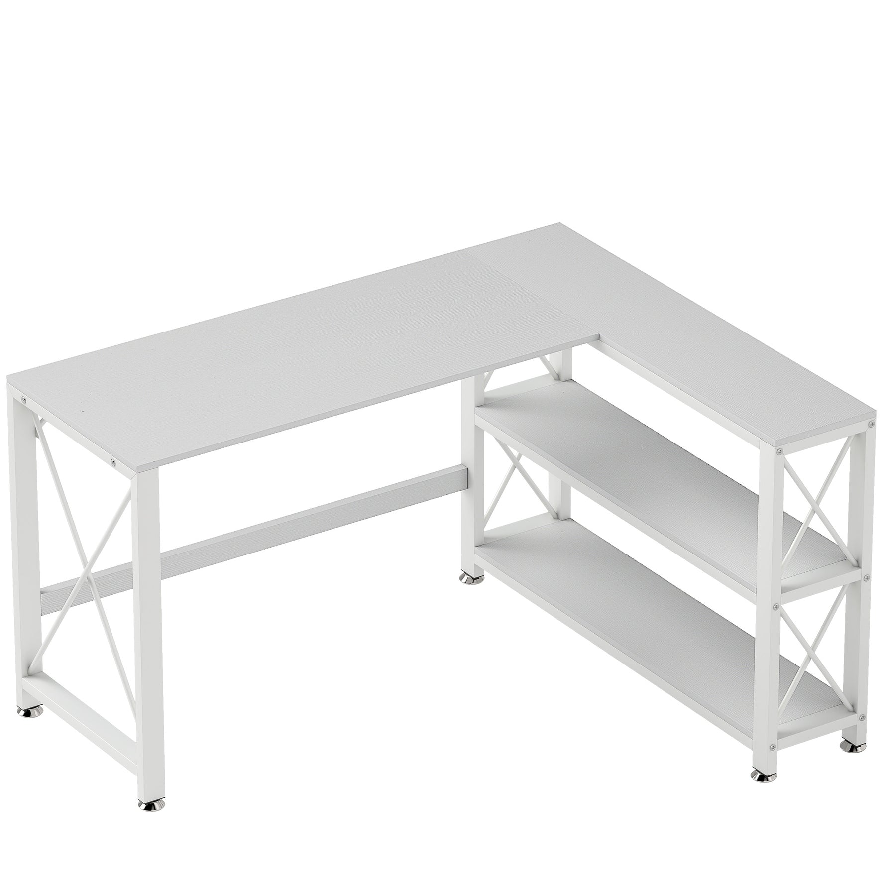 Bureau d'angle modulable réversible, bureau avec rangement, étagère de rangement, cadre en métal, 135x110x75cm, blanc