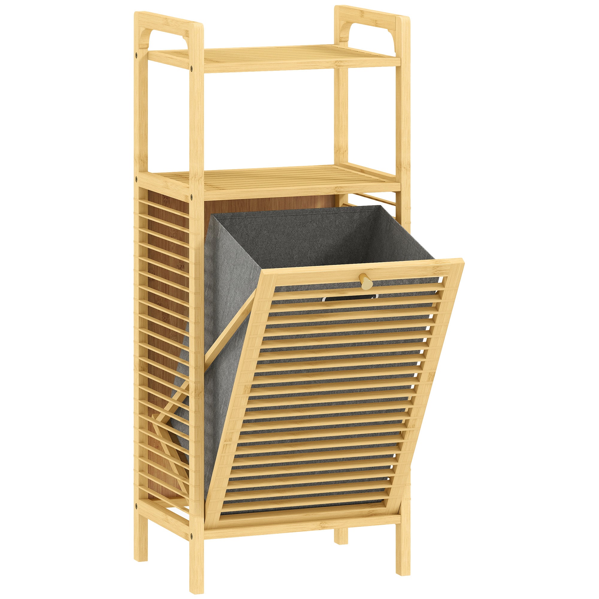 Bamboe opbergmeubel badkamermeubel plank met kantelbare wasmand 40x30x95cm natuurlijk hout-effect