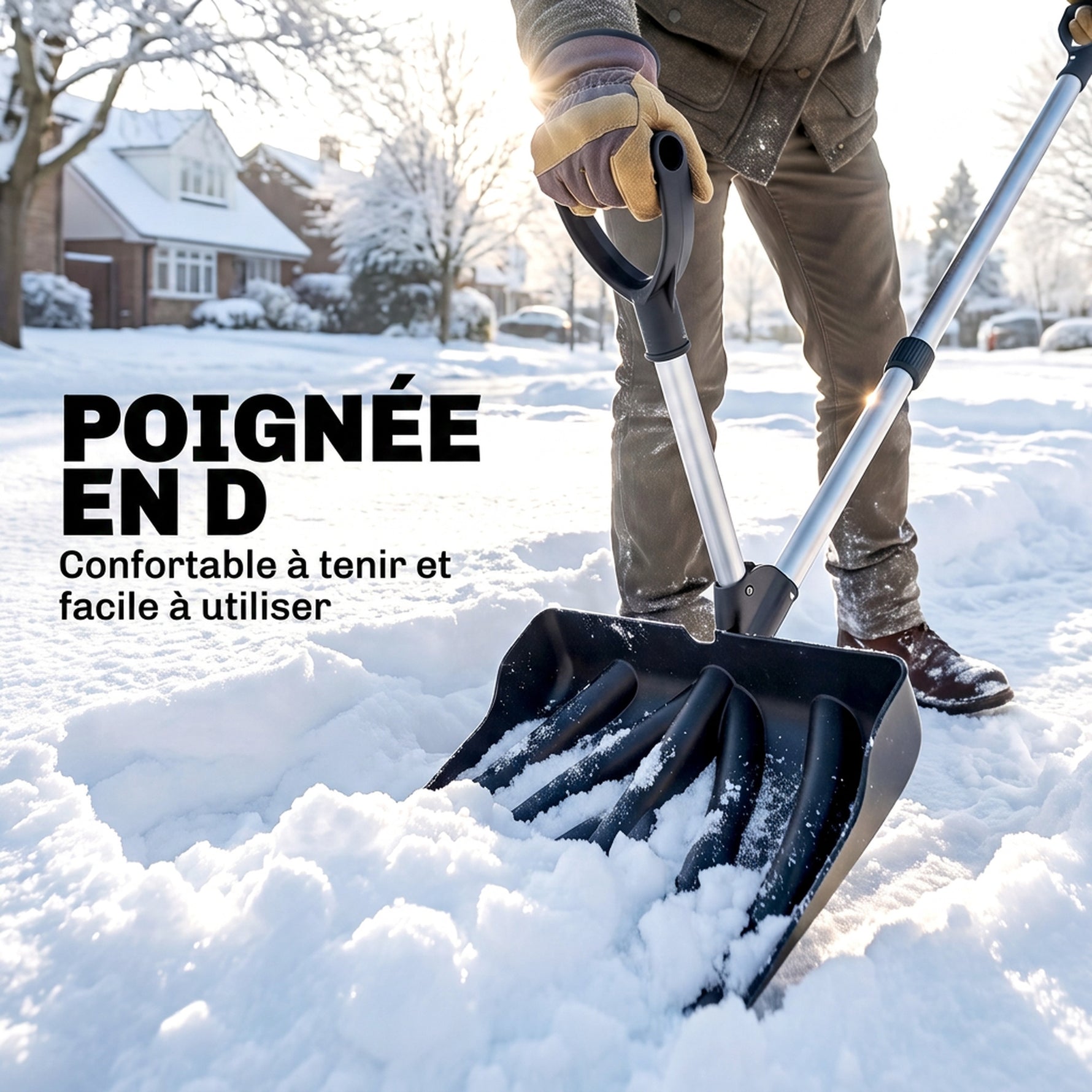 Pelle à Neige Aluminium Portable avec Poignée d'Assistance en D, Lame Large de 45 cm, Manche Amovible, Noir