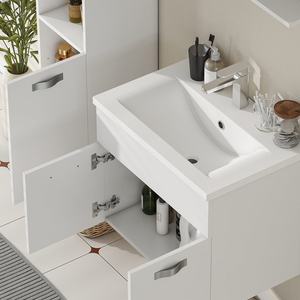 Ensemble de Meubles de Salle de Bain 4 Pièces, Mural, avec Miroir, Meuble sous Vasque, Lavabo et Armoire Haute, Blanc
