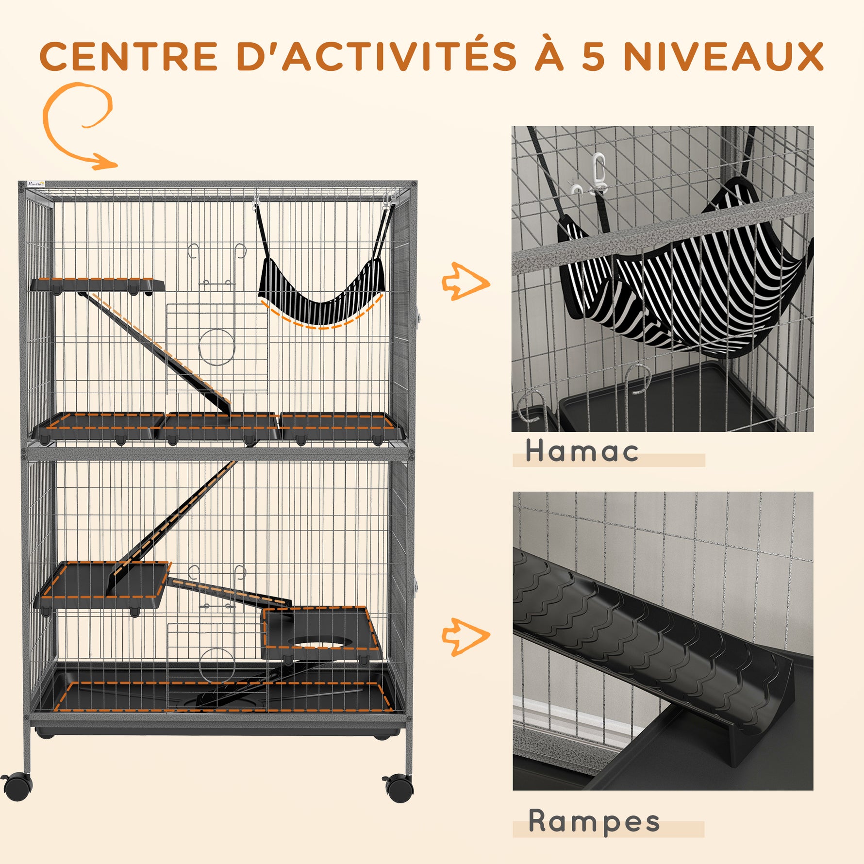 Cage pour rongeurs Multifonction 4 Plateformes 3 rampes 4 Portes dim. 80L x 52l x 128H cm acier Gris argenté Noir